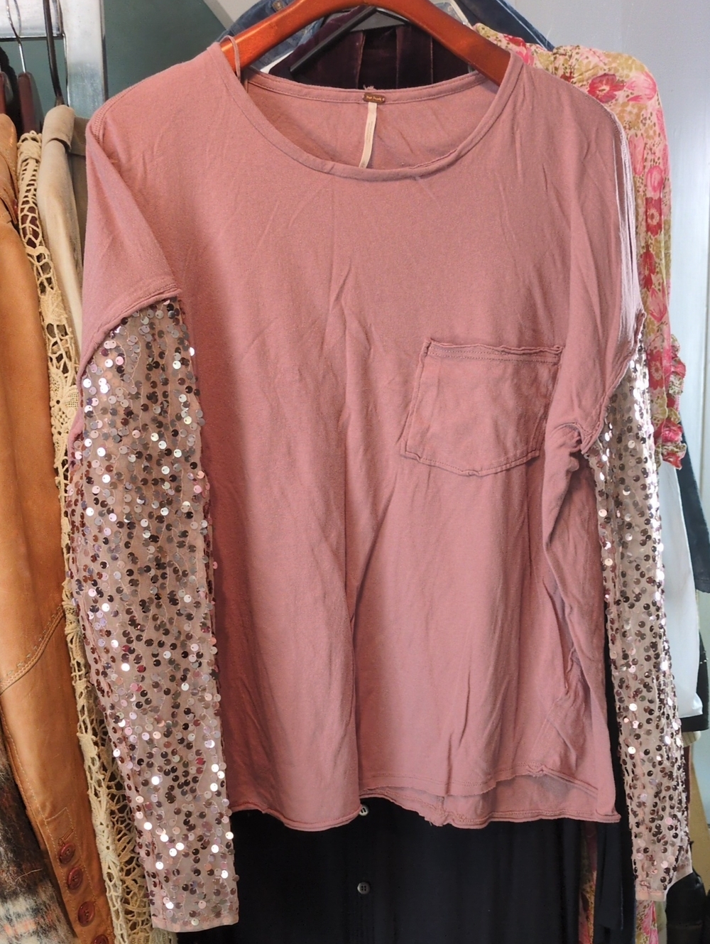 Free People Dusty Rose Top With Sequin Sleeves.Large